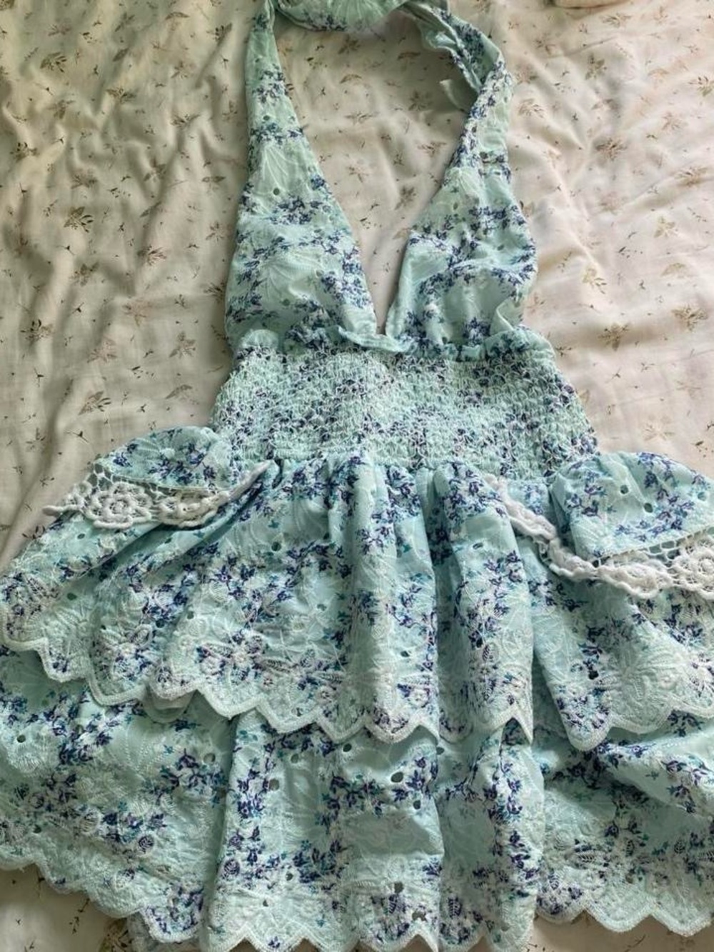 light blue/green Floral Lace Halter Mini Dress